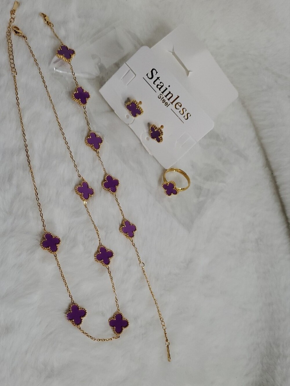 Gold-Plated Purple Clover Necklace Set by Stainless Steel